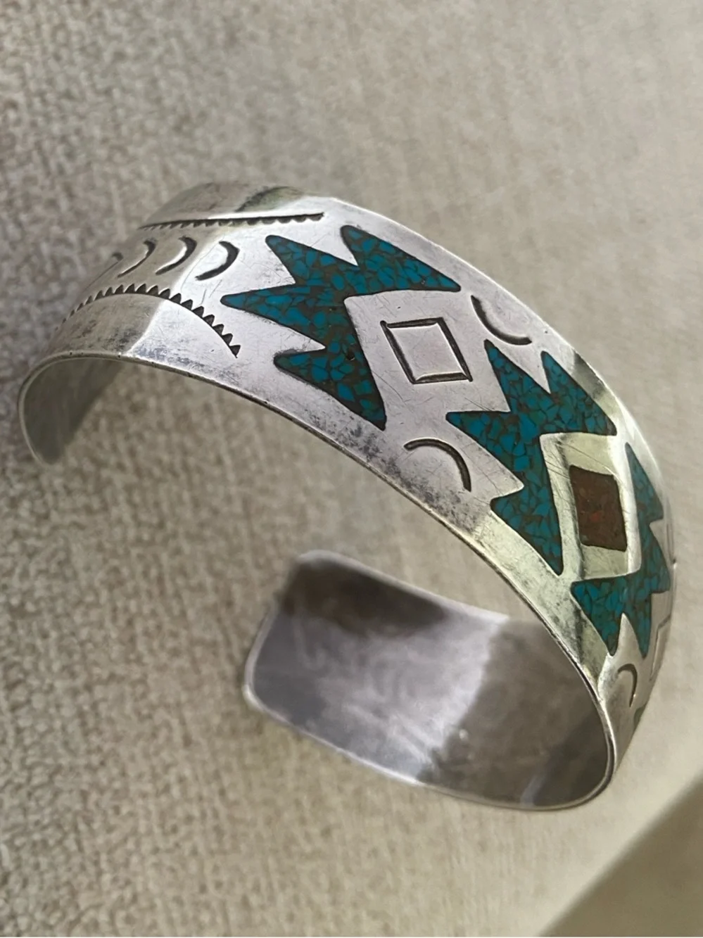 Turquoise and Corral Inlay Sterling Silver Cuff Bracelet, Native American - Picture 6 of 14